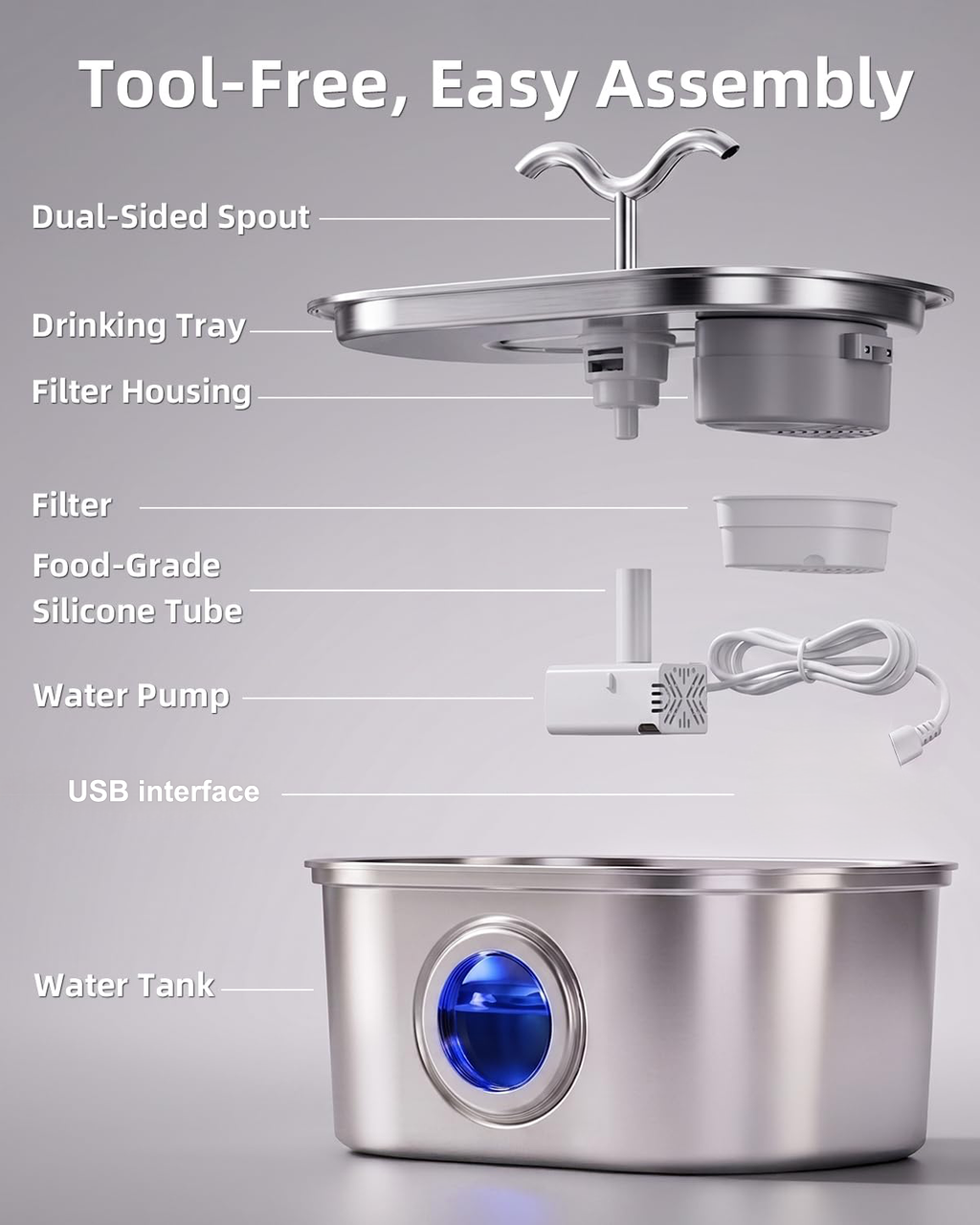 Fontaine d'eau de chat en acier inoxydable