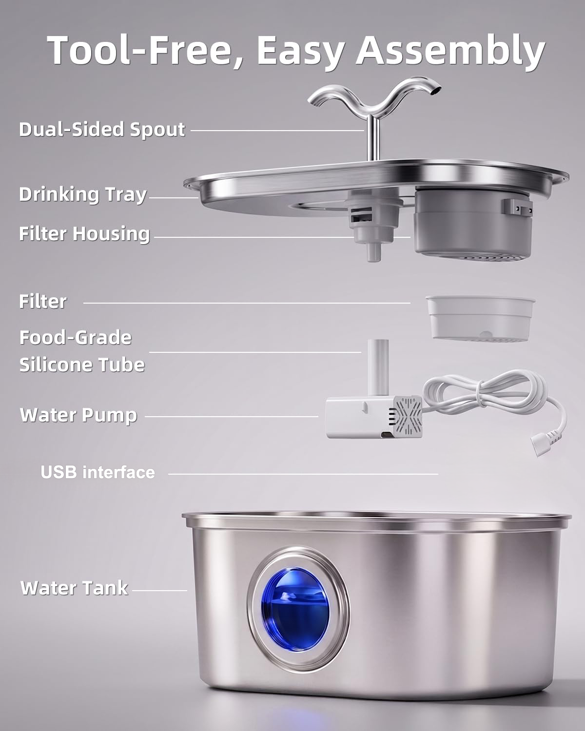 Fontaine d'eau de chat en acier inoxydable