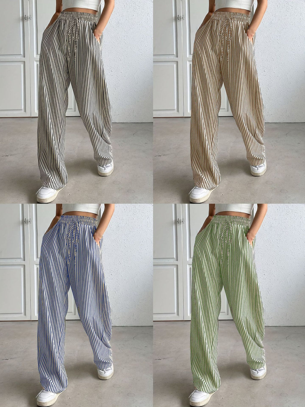 Femmes Haute taille rayée large pantalons de jambe élastique cordon de serrage libre ajustement Casual droit long