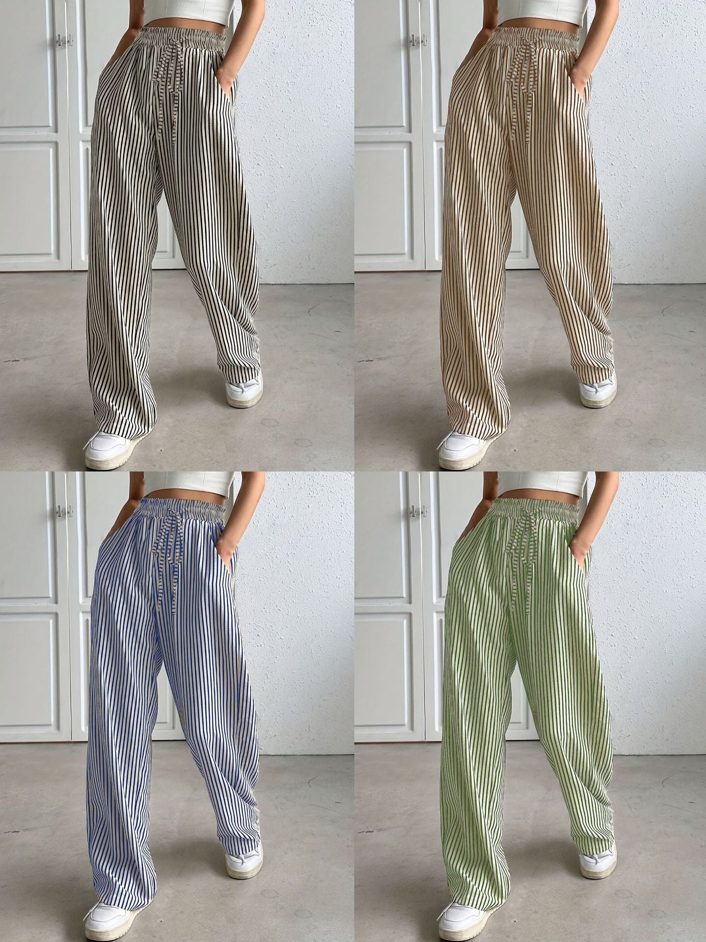 Femmes Haute taille rayée large pantalons de jambe élastique cordon de serrage libre ajustement Casual droit long