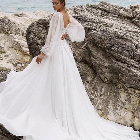 European and American High Waist Plus Size Deep V Long Sleeve Moping Backless Wedding Dre