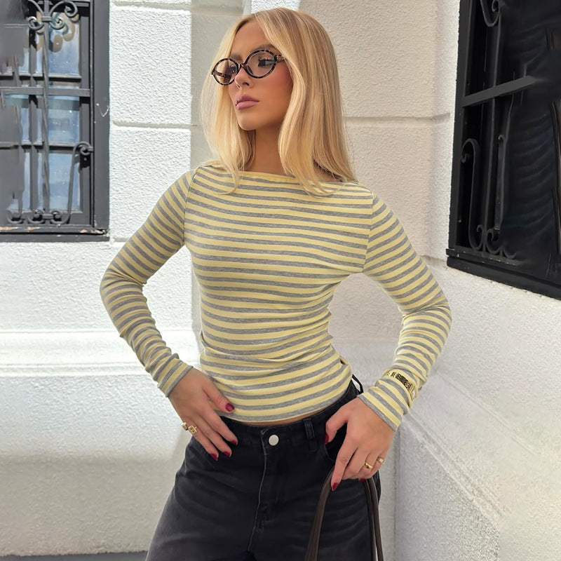 Elegant Crew Neck Long Sleeve Striped Slim-fit Top