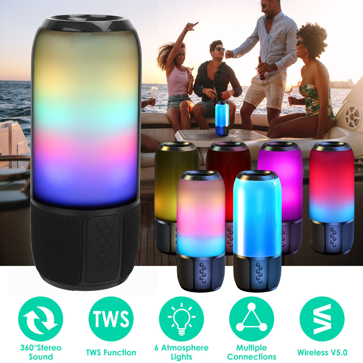 1Pc Haut-parleur portable sans fil Haut-parleur stéréo avec 6 lumières changeantes de couleur
