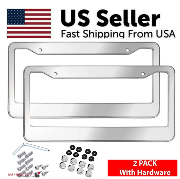 2PCS Chrome acier inoxydable plaque de licence en métal cadre Tag Cover avec bouchons à vis
