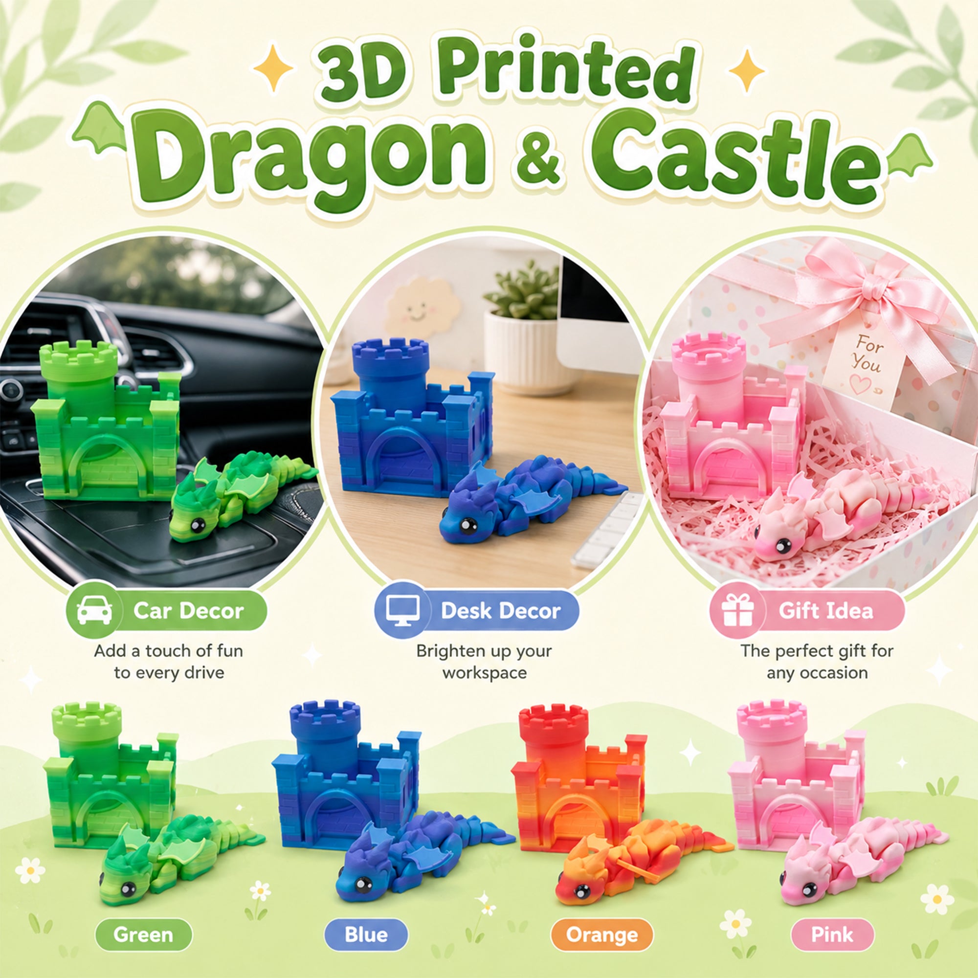 3D Imprimé Movable Joint Fantasy Beast Figurine avec Mini Castle House Bureau flexible ou