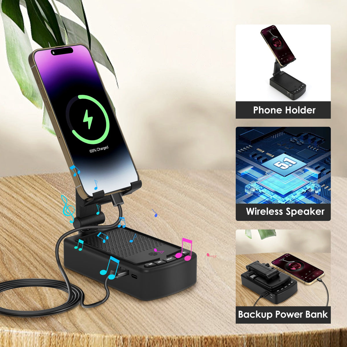 1Pc Cell Phone Stand avec HD Surround Wireless Speaker Power Bank Portable pliable Chargi