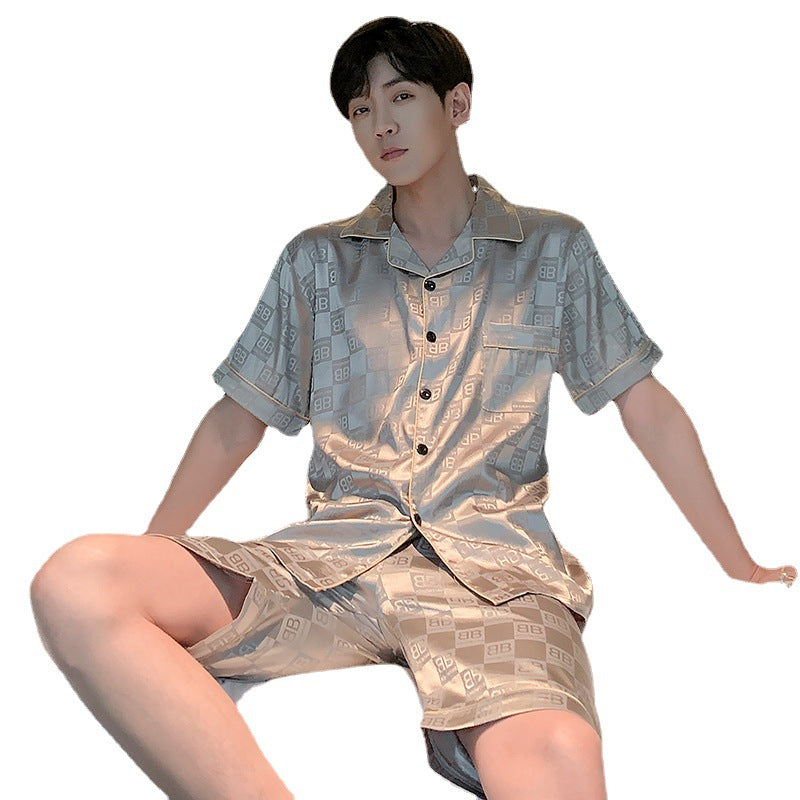Pyjama pour homme Ice Ice Silk Thin Short Sleeve Plus Taille Loose Real Silk Jacquard Youth H