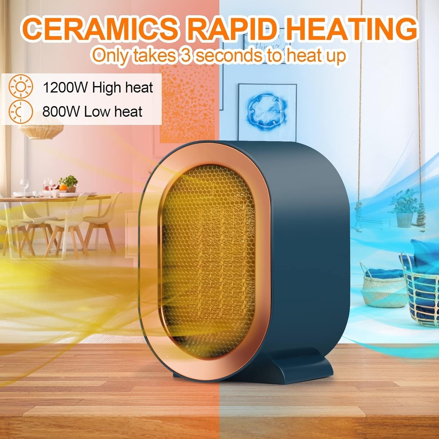 1200W Chauffe-espace électrique Céramique basse énergie Ventilateur de chauffage rapide Télécommande portable