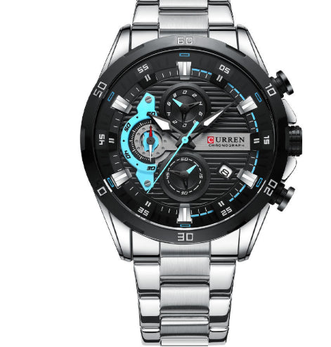 Montre à quartz ronde à six mains en acier