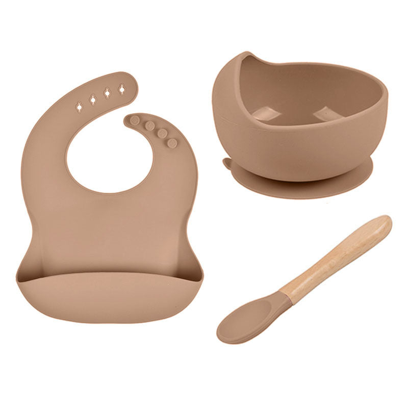 Baby Tableware Solid Food Bowl Silicone Bib Spoon en bois Ensemble de trois pièces