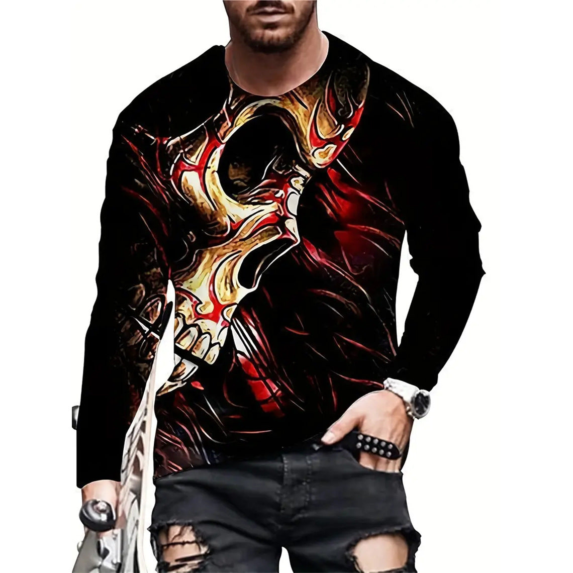 T-shirt retro homme 3D Imprimé Street Hip-hop Col rond Col rond Manches longues