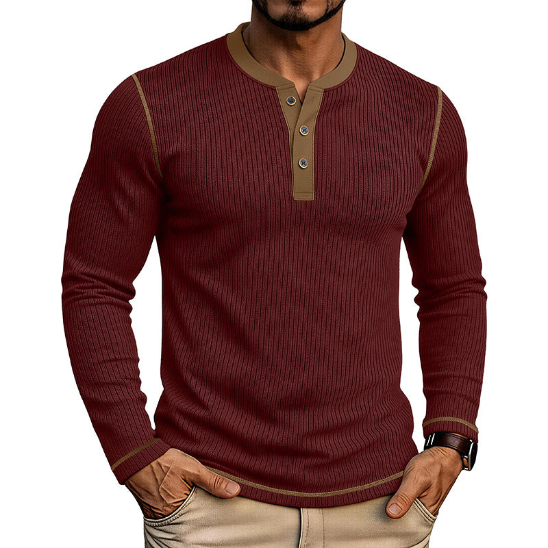 T-shirt manches longues pour hommes avec un chandail Henley bloqué en couleur