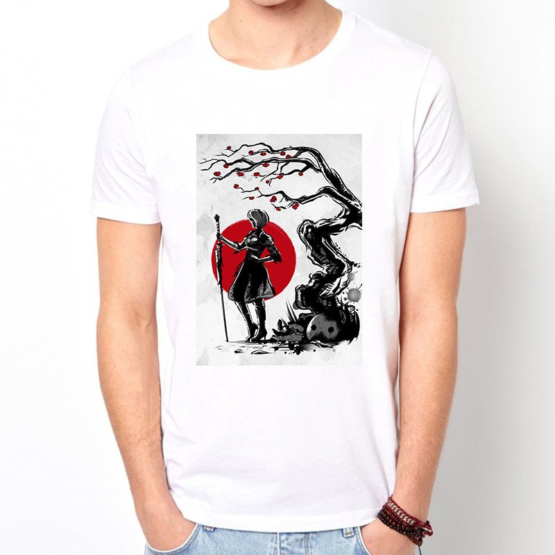Cartoon Anime Japonais Samurai Harajuku Style T-shirt Blanc Homme