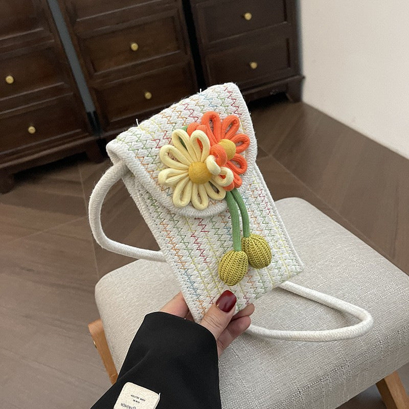 Été Cotton Rope Woven Phone Bag avec le design floral mono-épaule style