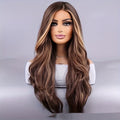 26-pouces Élégante Perruque Femme Brown Couleur mélangée Wavy Long cheveux Synthétique Fibre Rose Mesh Casquette