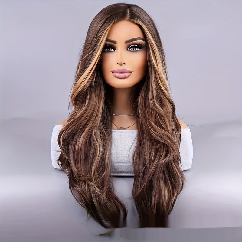 26-pouces Élégante Perruque Femme Brown Couleur mélangée Wavy Long cheveux Synthétique Fibre Rose Mesh Casquette