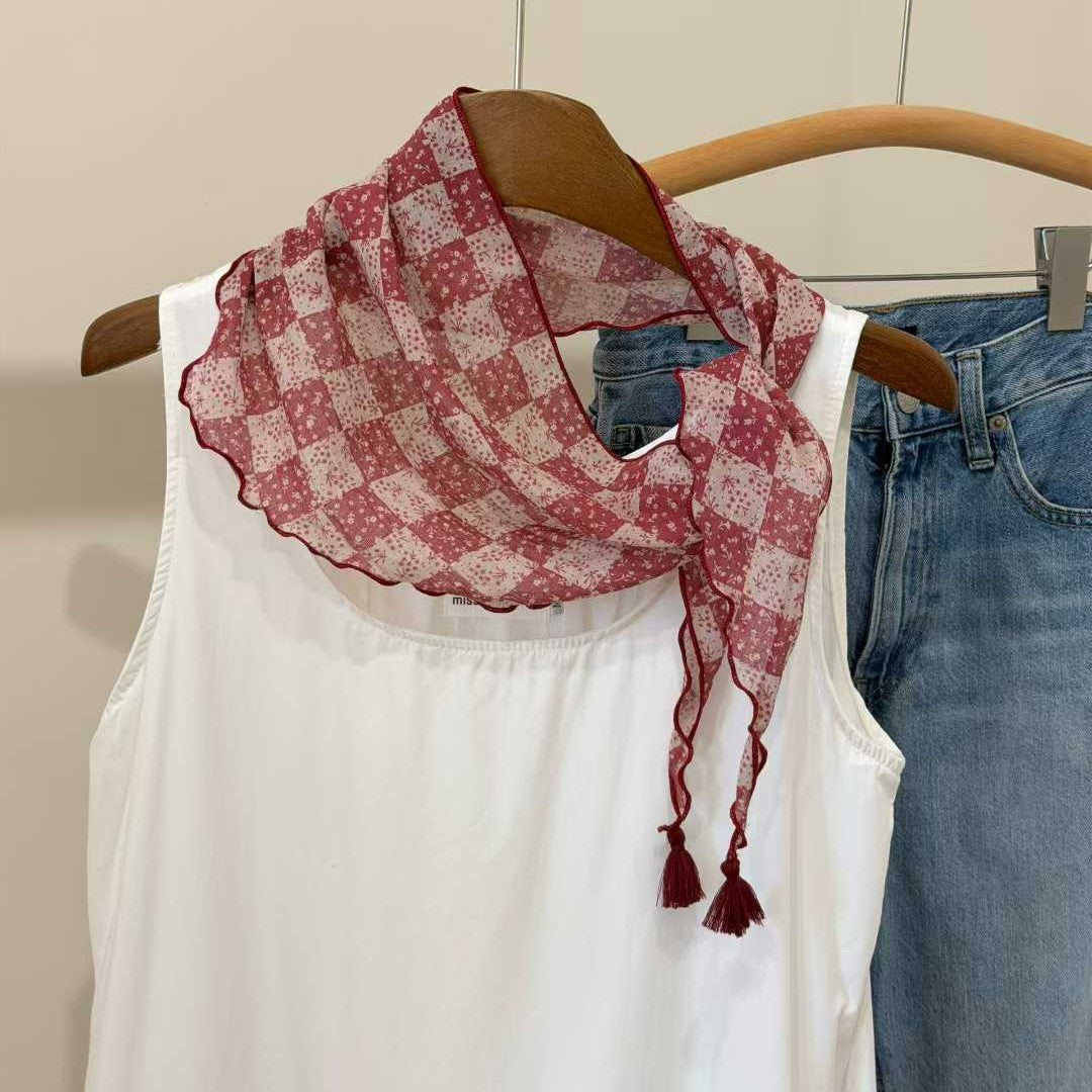 Écharpe de Triangle de Tassel en Plaid Floral léger