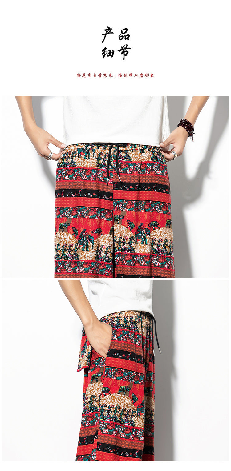 Pantalon imprimé en coton et en lin