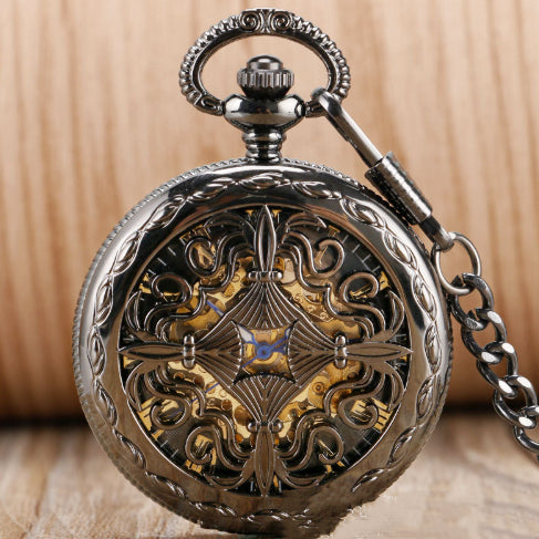 Montre de poche mécanique automatique à motif creux sculpté classique rétro