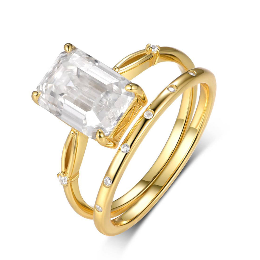 S925 Argent plaqué or 3,5ct Coupe émeraude Moissanite bague de mariage ensemble D Couleur VVS1 Taille US