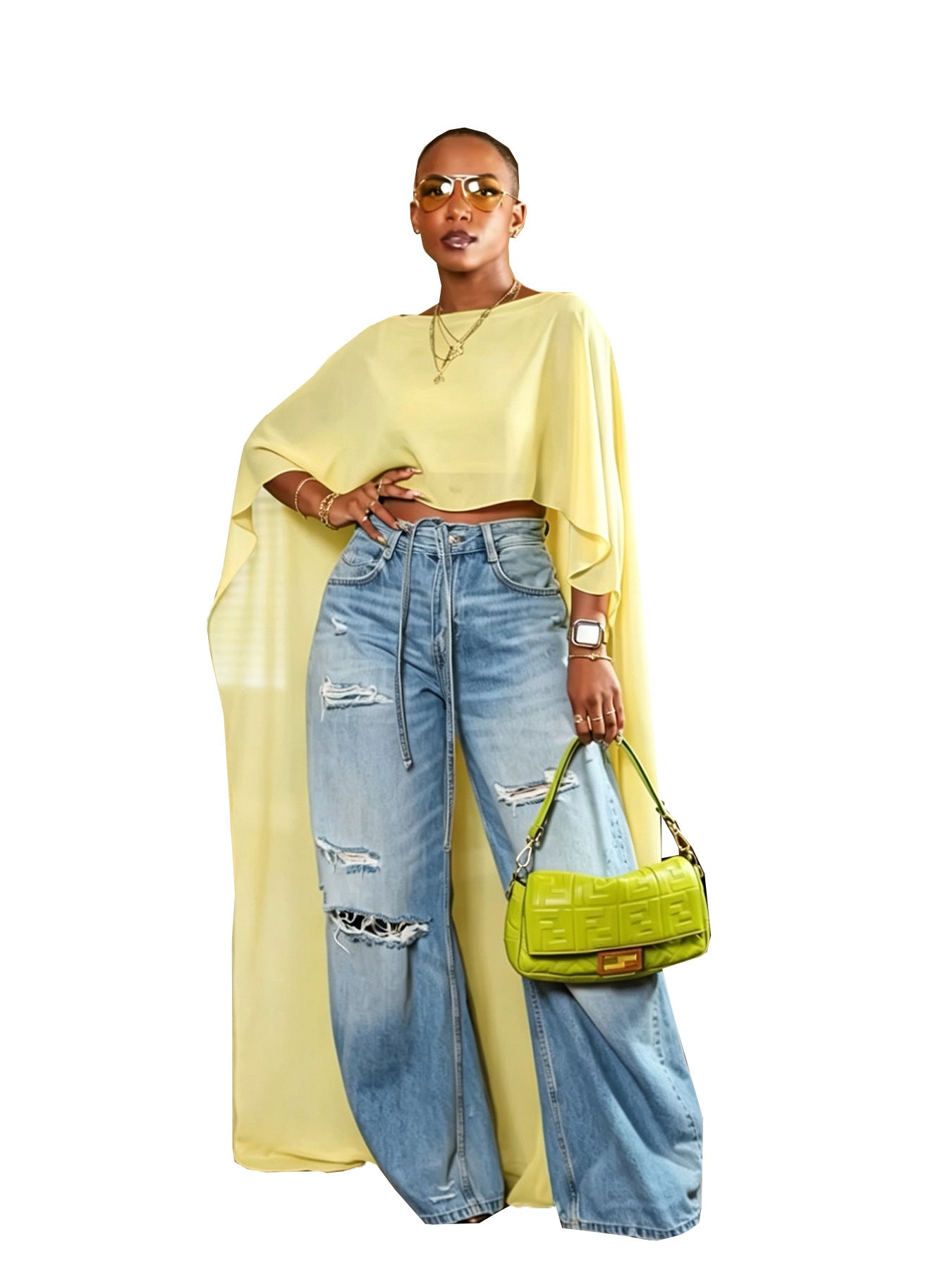Élégantes femmes à l'aise Mesh Maxi Cape avec manches drapées Et un midriff-baraging T