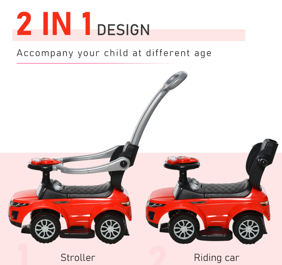 Enfants 3 en 1 Push Car Ride-On Poussette Jouet de marche coulissant avec Horn Music Light Secure Bar