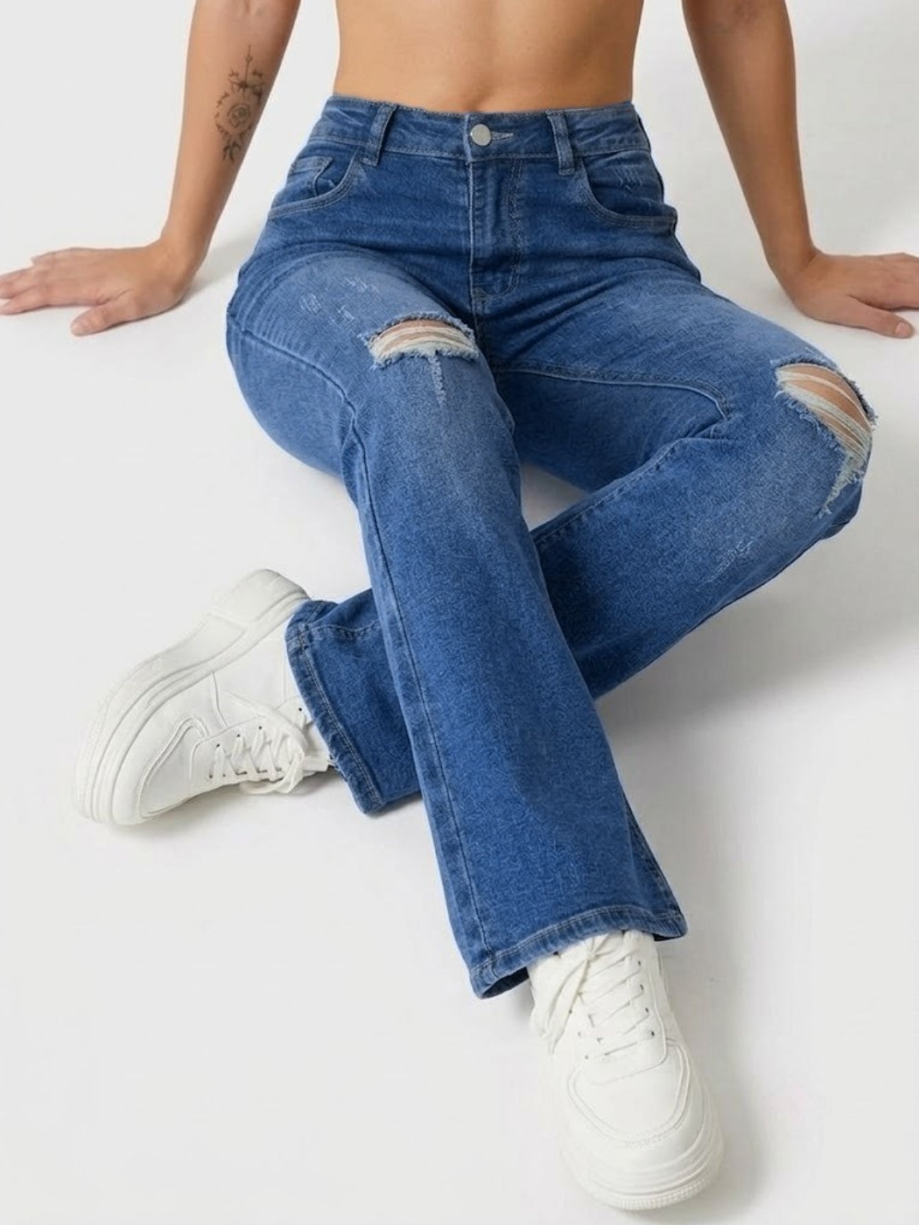 Femelle haute de la taille Knee Ripped Flare Denim Jeans Stretch Slim Floor-Length Pantalons Pour