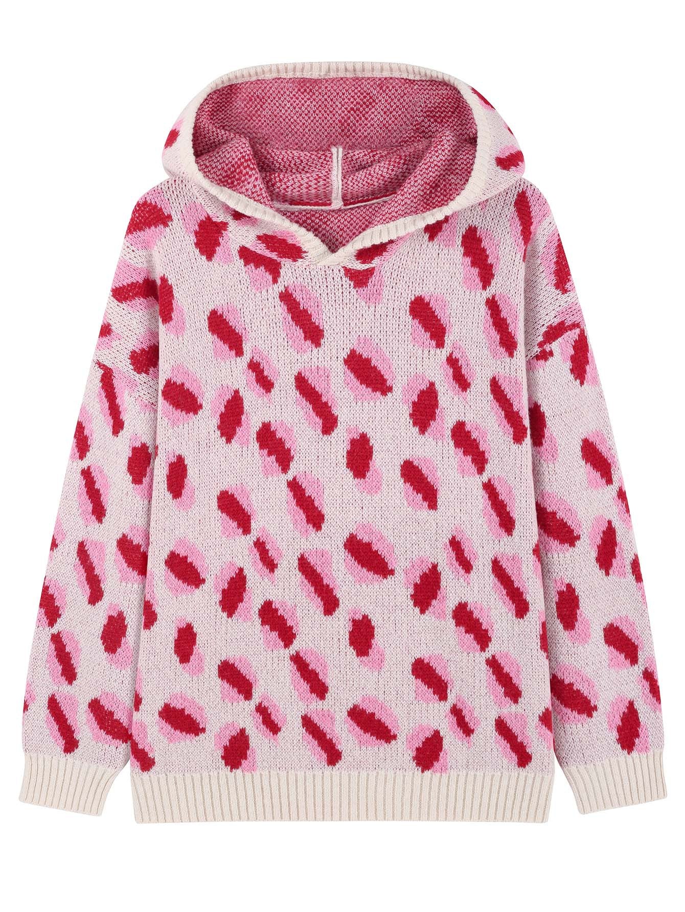 Femmes Casual Drop Épaule à capuchon tricot Top Rose Leopard Motif Laine Blend Chandail