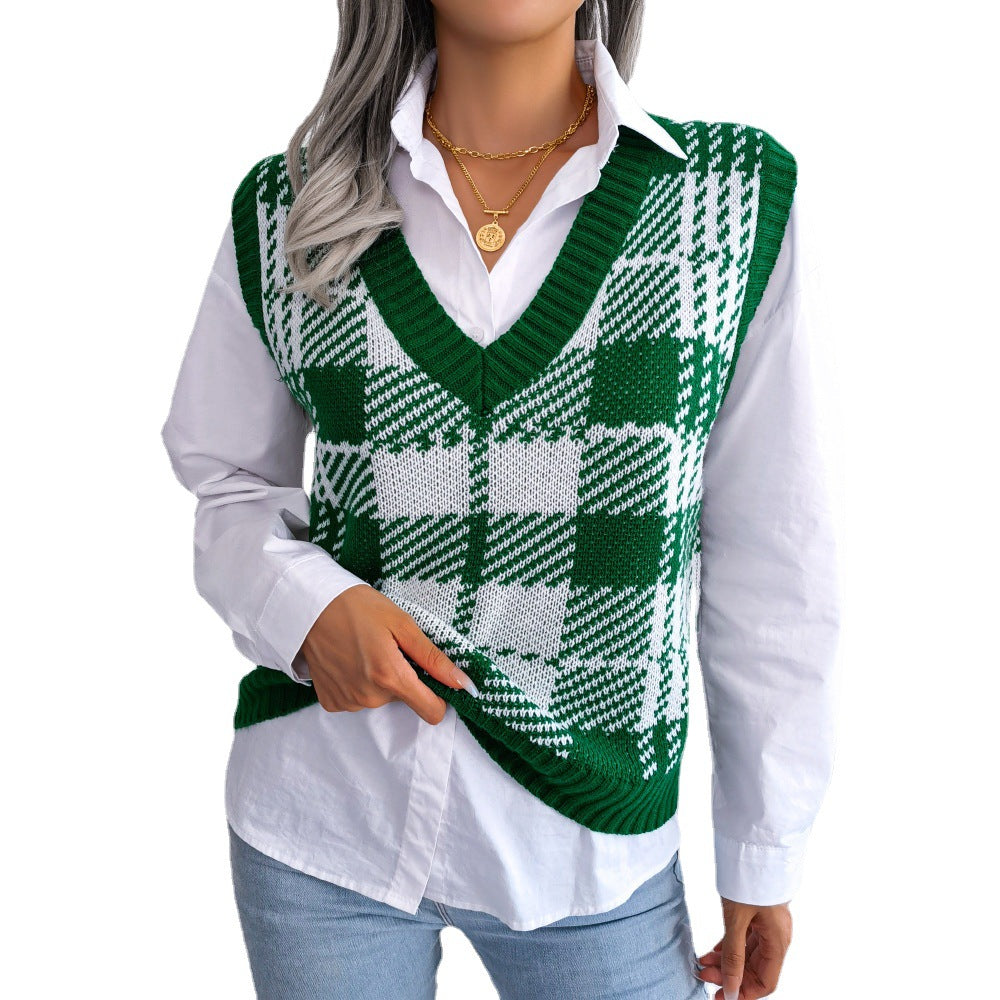 Bloqué de couleur Plaid Veste tricotée Pantoufle pour femmes