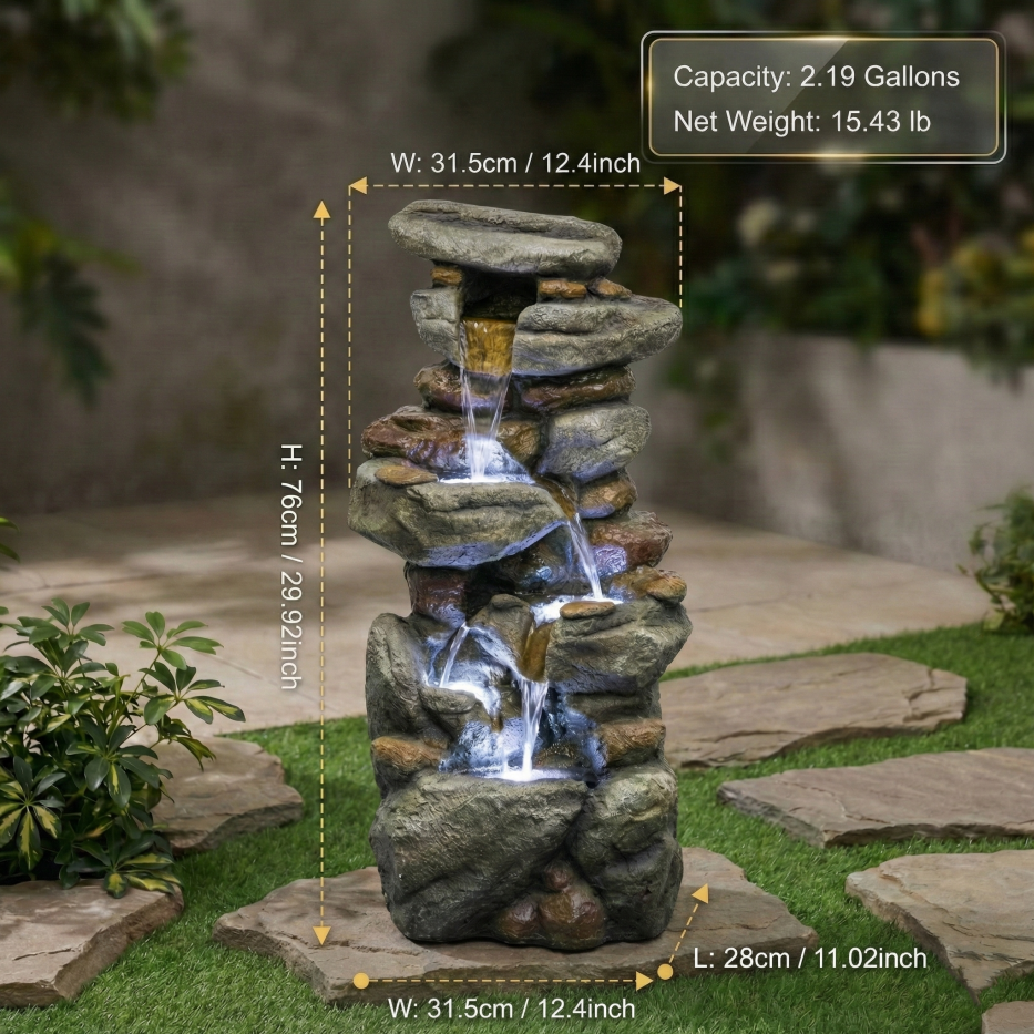 Fontaine d'eau extérieure Grande - Fontaines en pierre avec lumière LED pour jardin Patio Yard Backya