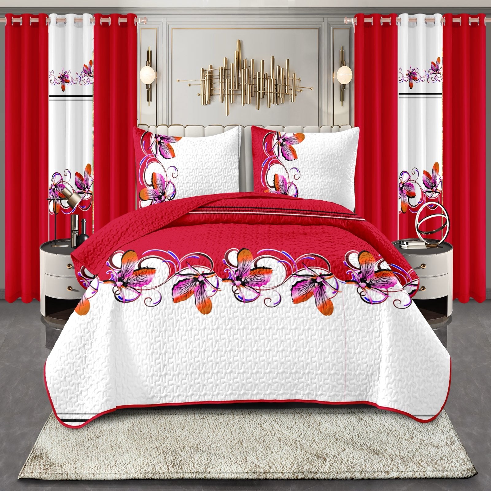 Couche de lit et rideau rouge et blanc 9 pièces pour le roi de Californie