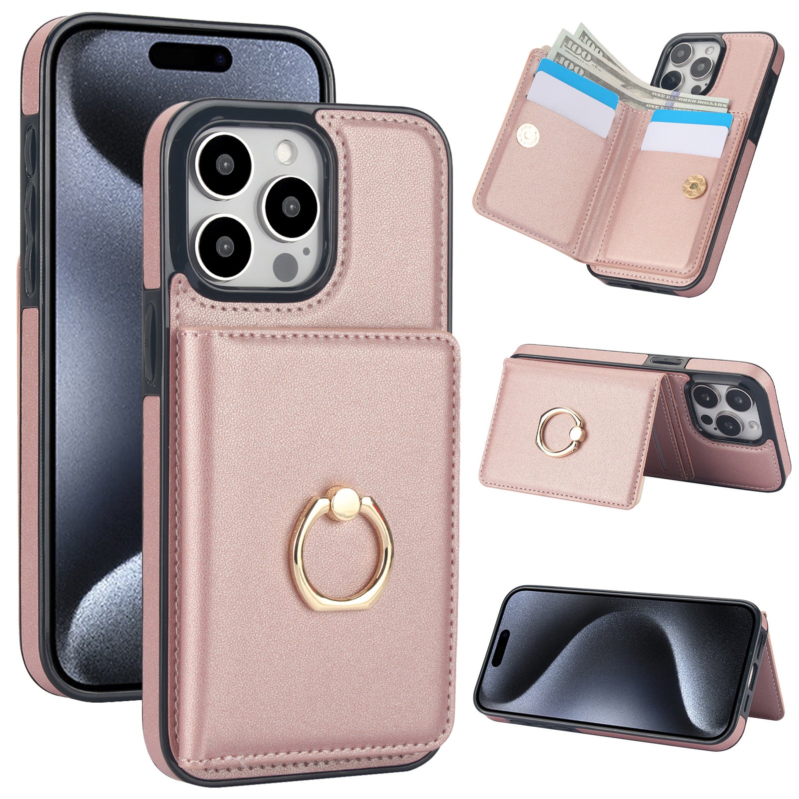 Coque téléphonique avec un support de carte Flip adapté à l'utilisation avec un support de bague