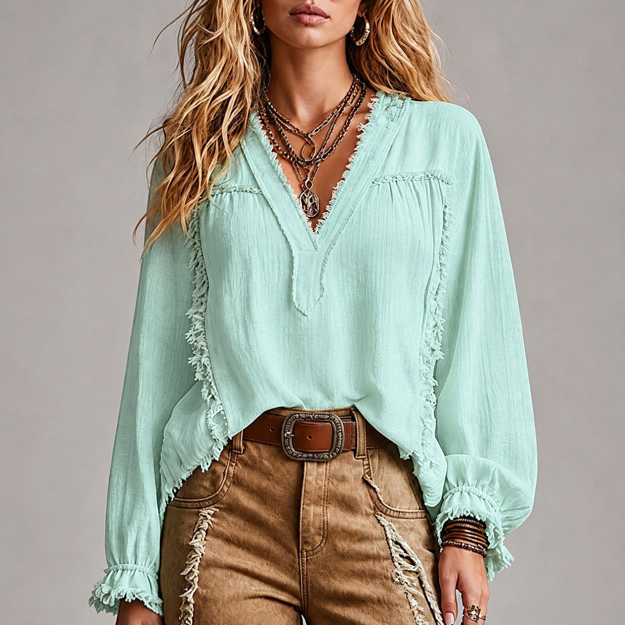 Chemise vintage en couleur solide pour femmes avec manches longues en collier Et des gâteaux