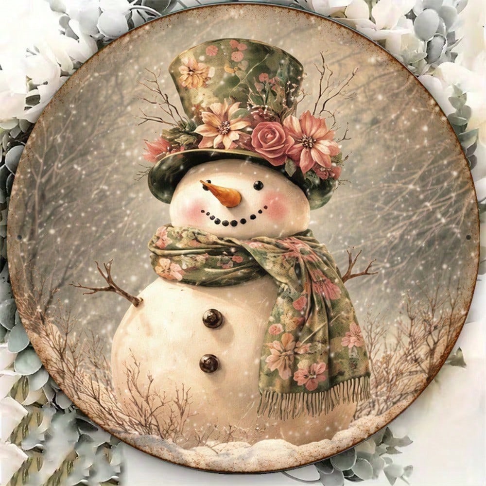 Vieux Snowman rond panneau 8x8in mignon hiver vacances décoration mur