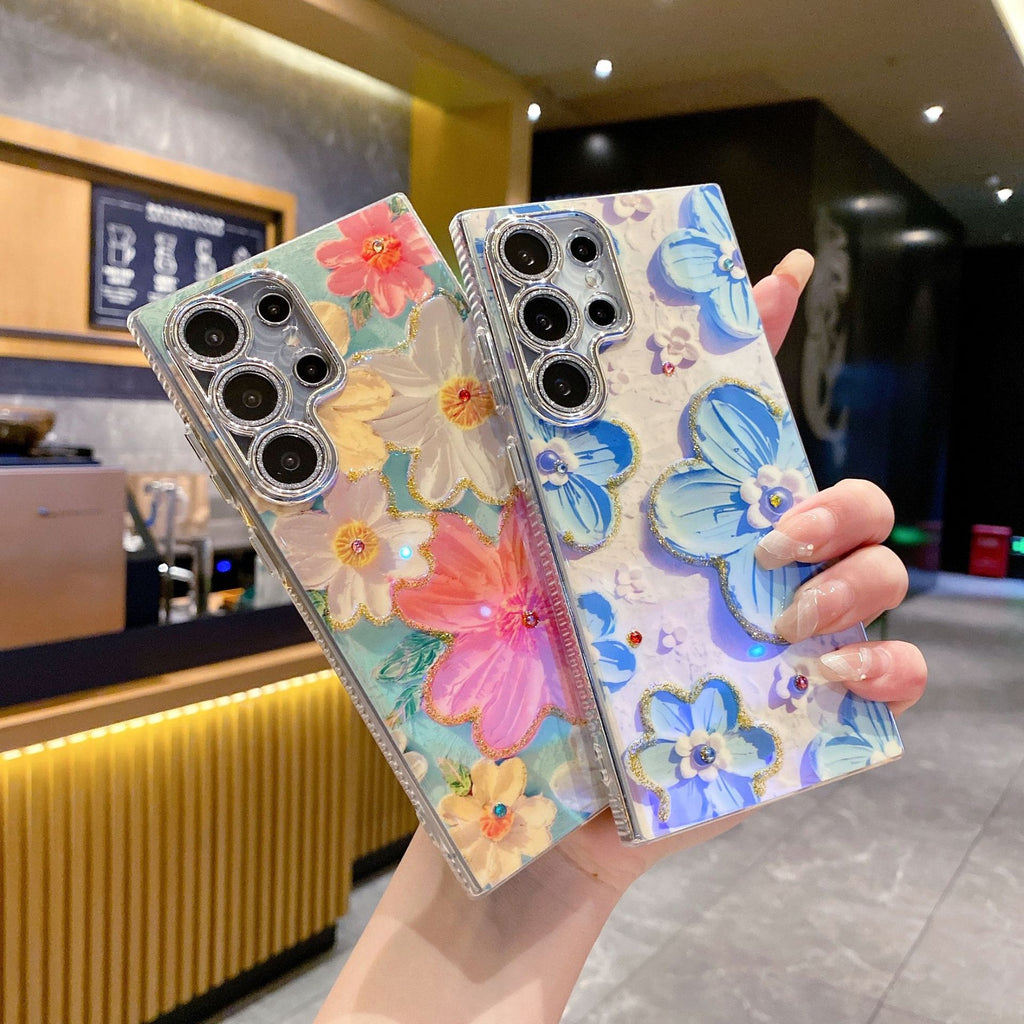 Peinture à l'huile de strass de luxe Flower Phone Case Lens Fine Hole Tout Inclus