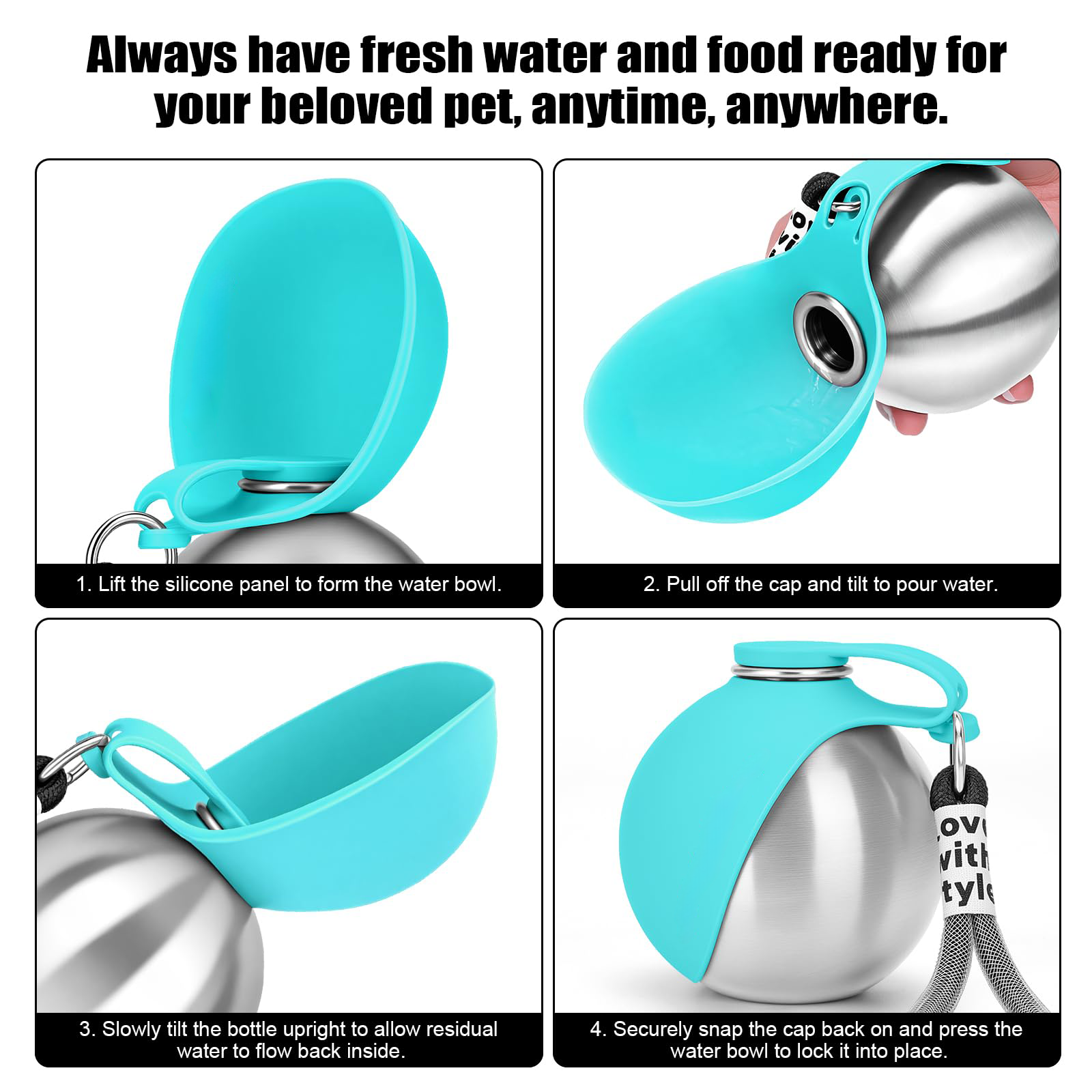 Bouteille d'eau portable pour chien 10oz en acier inoxydable Distributeur d'eau pour chien de voyage avec bol No-Spi