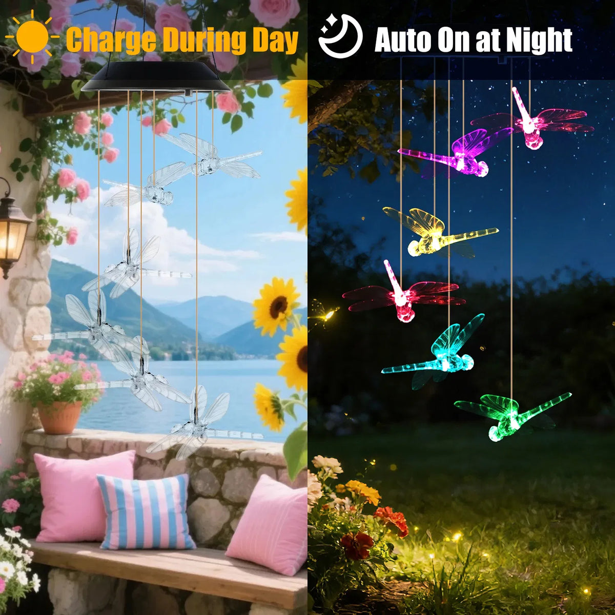 Chimes de vent solaire suspendus extérieurs Dragonfly