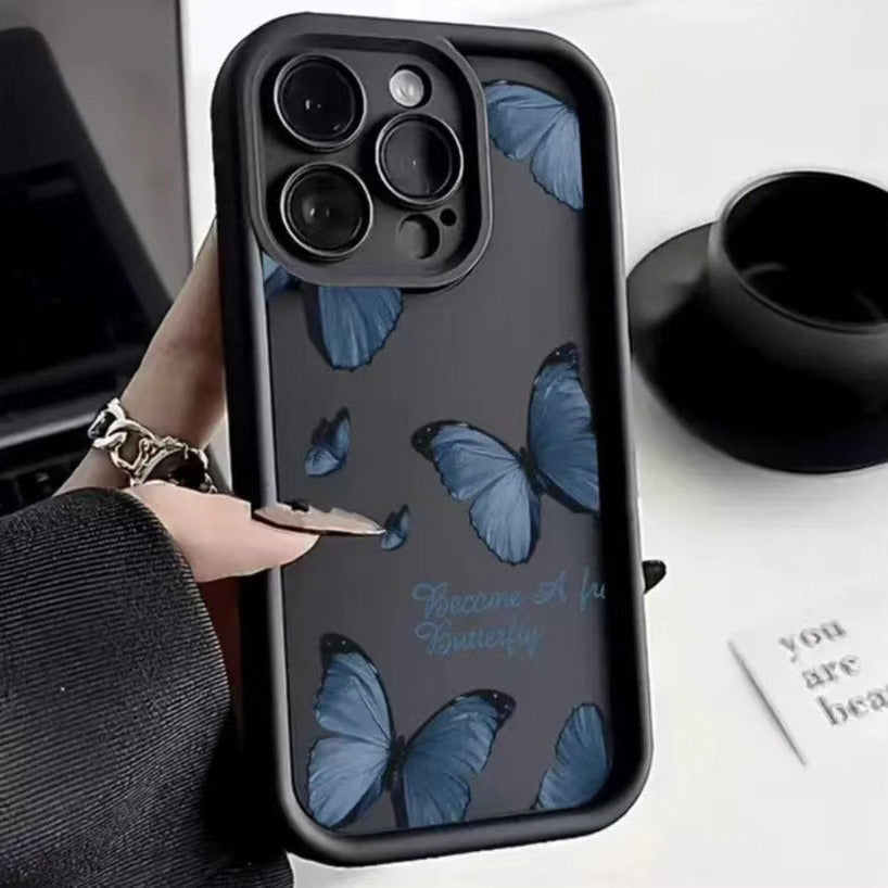 Boîtier de téléphone bleu imprimé papillon résistant à la chute