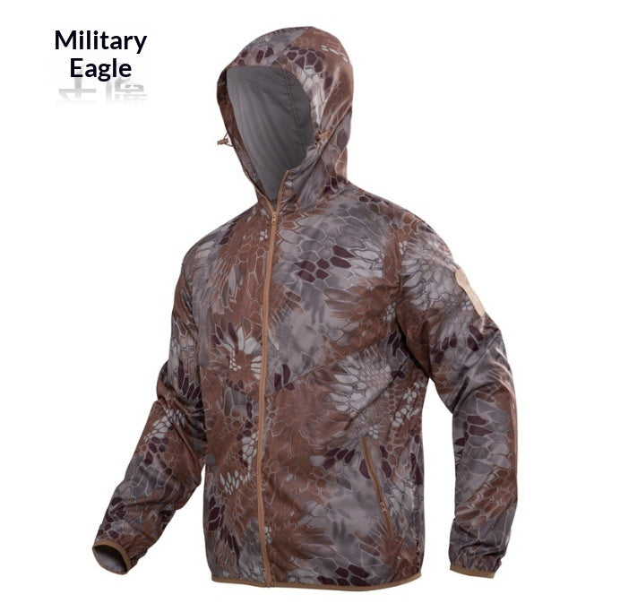 Séchage rapide Camouflage Skin Suit Tactical Hooded Outdoor Windbreaker avec desi respirant