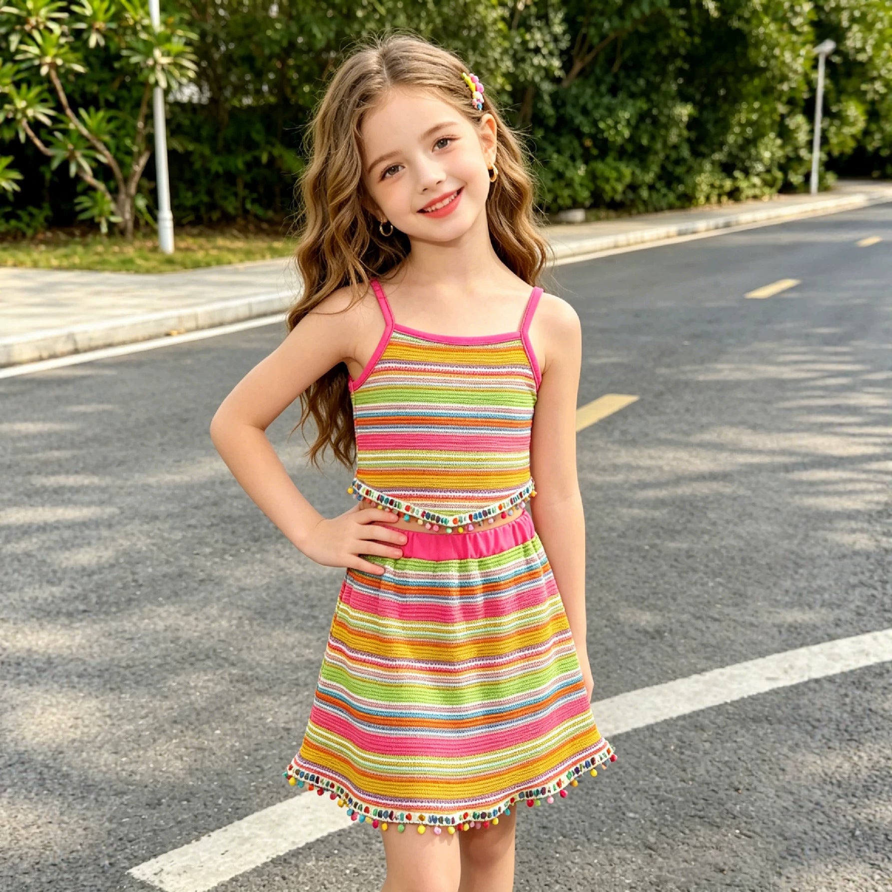 Les petites filles strip-tease Halter Top et la jupe frange-Trimmed ensemble deux pièces
