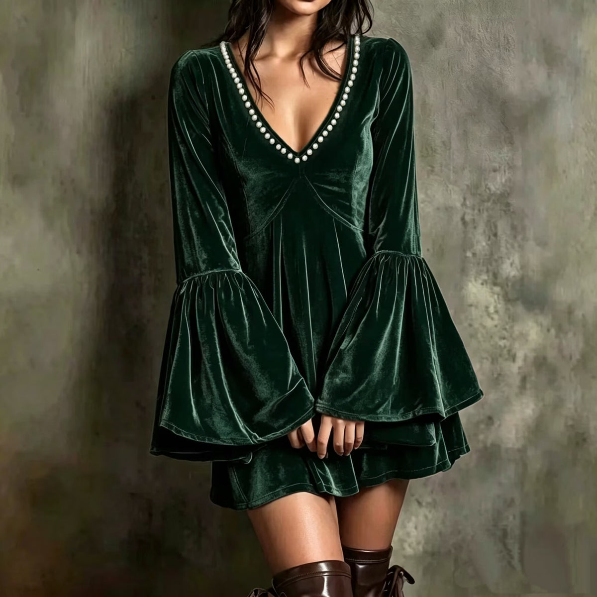 Burgundy embroidered velvet bell-sleeve dress