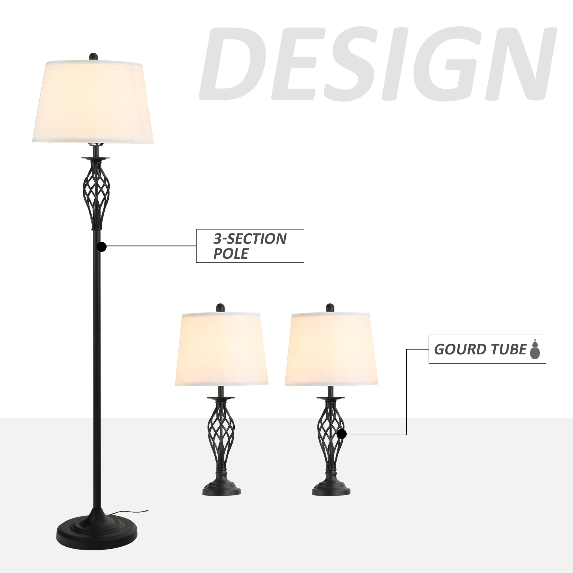 Ensemble de lampadaire de table 3 pièces avec pôle métallique