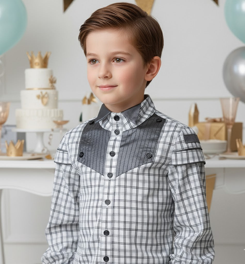 Garçons Vintage coton manches longues chemise de style classique haut pour les enfants 3-14 Y