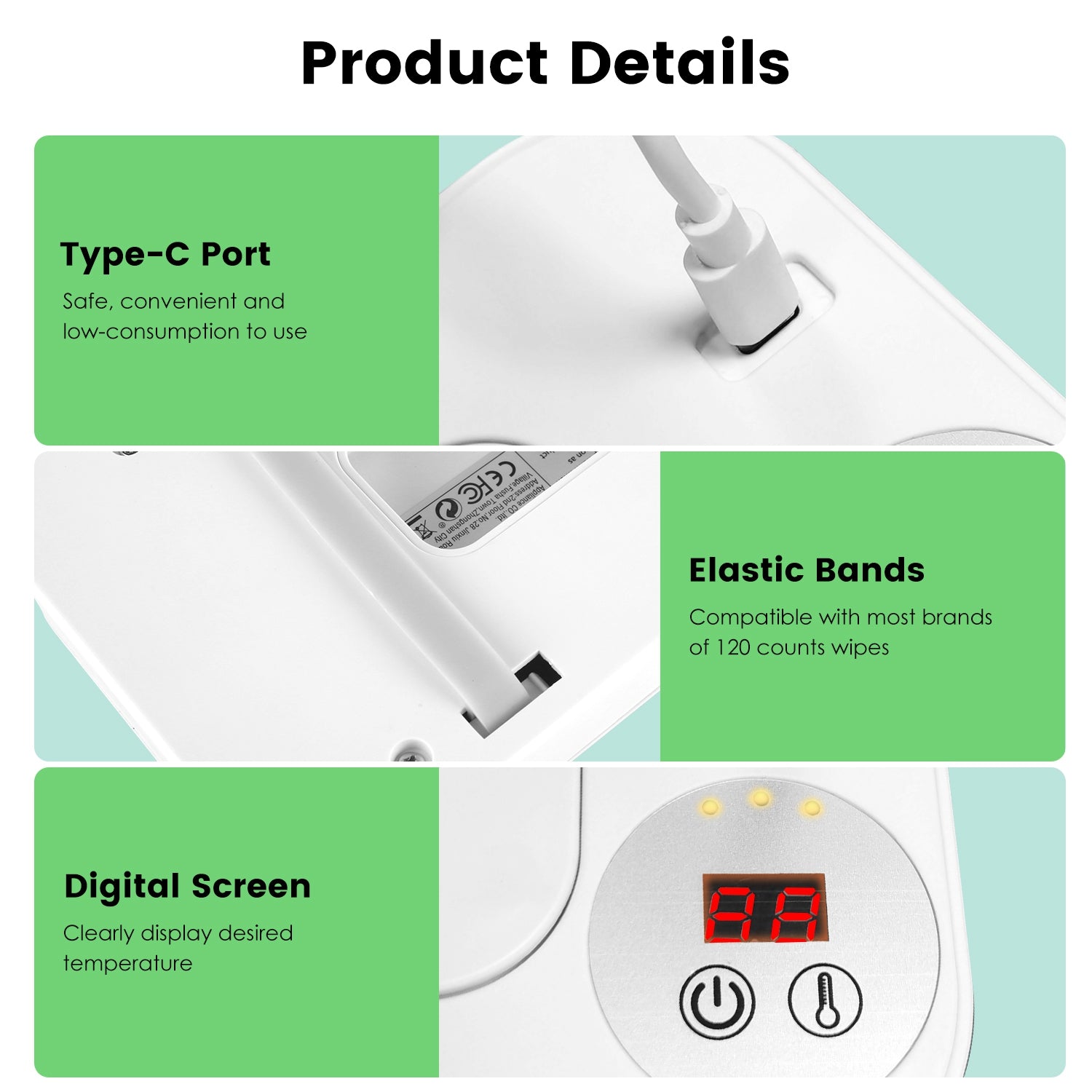 1Pc Baby Wipe Warmer avec 3 paramètres de température Type C Powered Baby Wipes Dispenser W