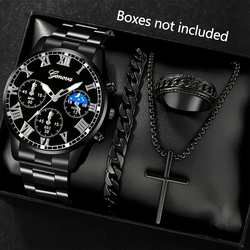 Hommes Quartz bracelet de collier de montre et bague 4 pièces