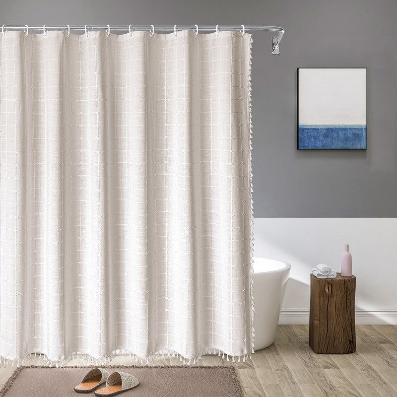 Tencel-linen Checkered Tassel Salle de bain Checkered Partition Rideau de douche imperméable Curta