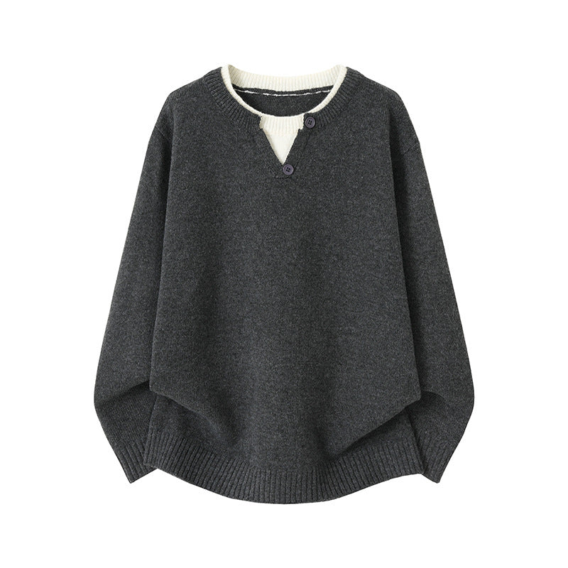 Hommes Mock deux pièces V-Neck Sweater rond-Neck
