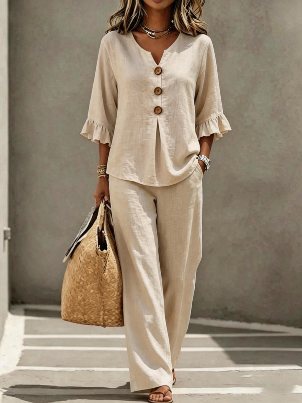 Arrivée des femmes Bouton occasionnel-Down V-Neck Rufflé trois quarts de manche supérieur et pantalons deux-P
