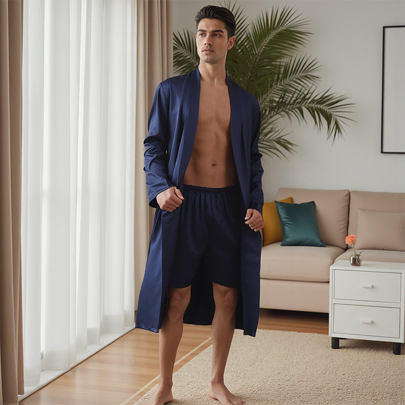 Hommes Pajama Robe et Shorts Set Couleur Solide pour usage domestique