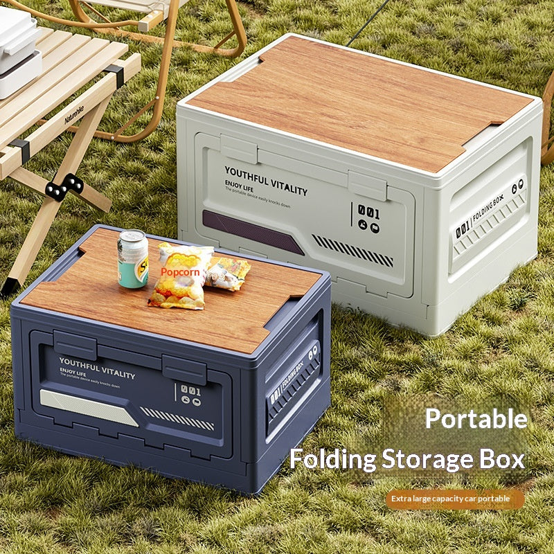Boîte de rangement en camping extérieur avec porte d'ouverture latérale et couvercle en bois